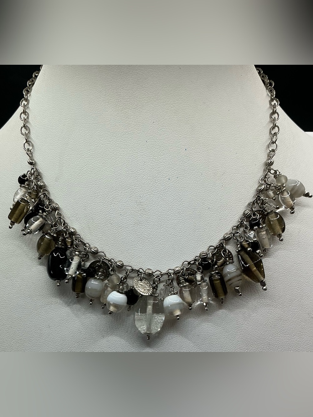 BAKED BEADS SILVER TONE BEAD CHARM NECKLACE BLACK WHITE ANS SMOKE